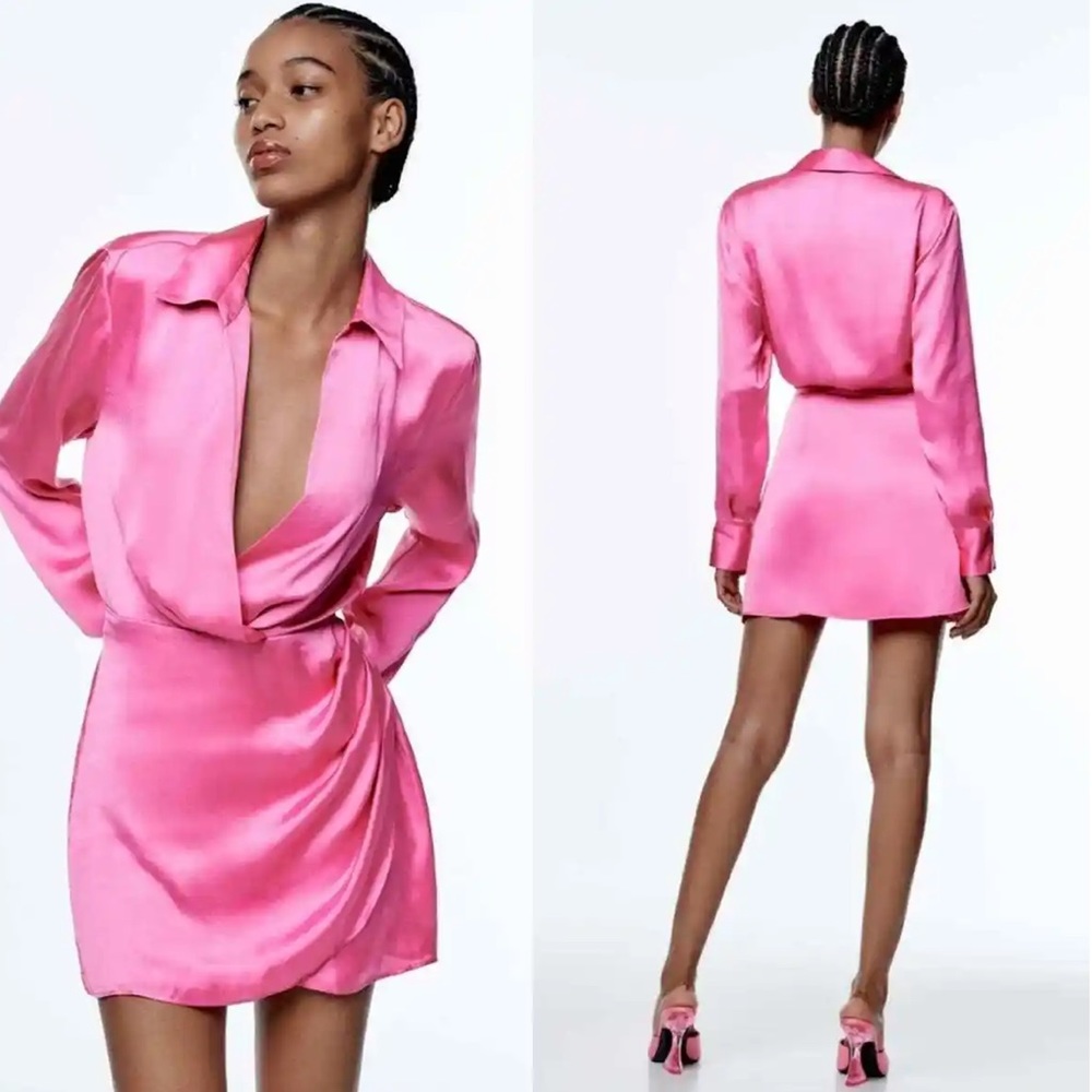 ZARA - Pink Satin Mini Long Sleeve Dress